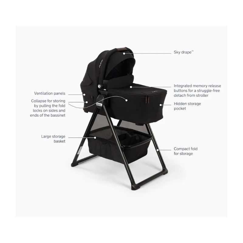 Nuna Swiv Stroller and Bassinet bundle in black, highlighting features like ventilation panels, storage basket, and compact fold.
