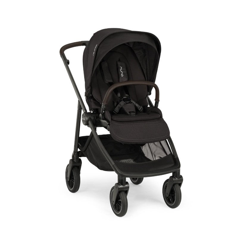 Nuna Swiv stroller in black with a sleek frame and comfortable seating, designed for easy mobility and style.