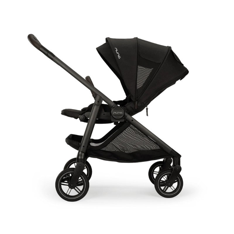 Nuna Swiv stroller in black, featuring a mesh canopy, adjustable seat, and smooth-rolling wheels.