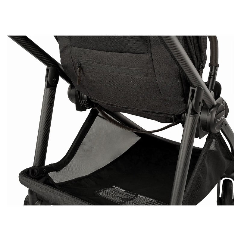 Nuna Swiv stroller with a black fabric seat, carbon frame, and spacious under-seat storage basket.