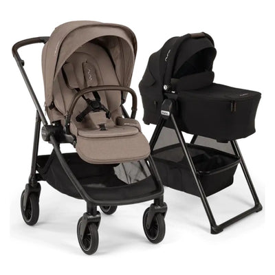 Nuna Swiv stroller in cedar and caviar colors alongside the Swiv bassinet and stand, showcasing their sleek design and functionality.