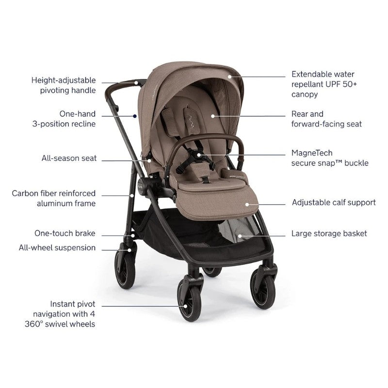Nuna Swiv Stroller in Cedar/Caviar color with features like height-adjustable handle, extendable canopy, and large storage basket.