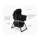 Nuna Swiv stroller with detachable bassinet and stand, featuring ventilation panels, large storage basket, and compact fold mechanism.
