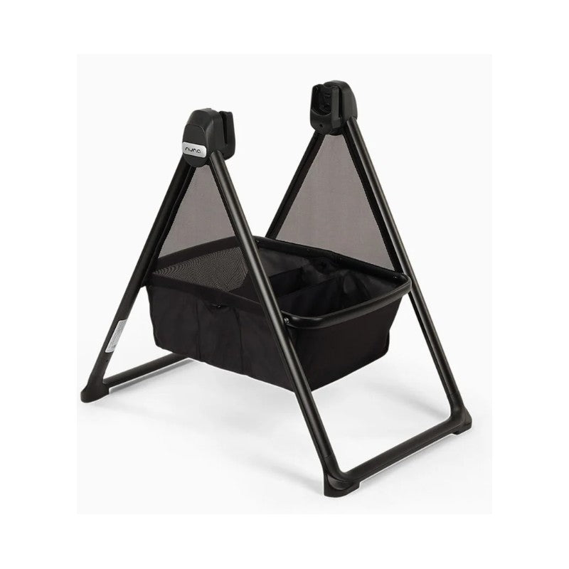 Nuna Swiv bassinet stand with a black fabric base and mesh sides, designed for a secure infant sleep environment.
