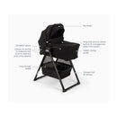 Nuna Swiv Bassinet on a stand, featuring ventilation panels, storage basket, and integrated release buttons for easy detachment.