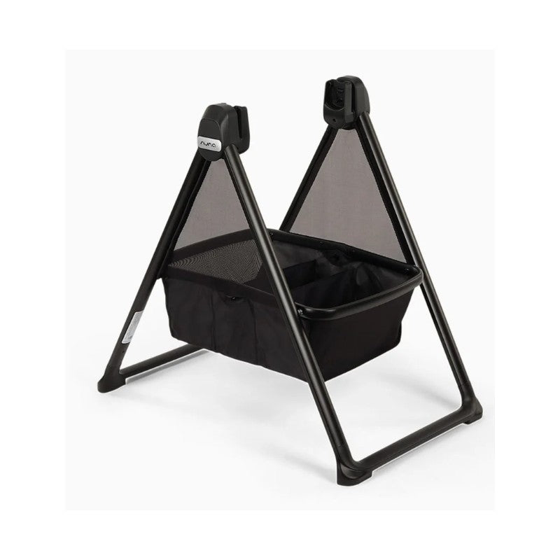 Nuna Swiv bassinet stand in black with a mesh design, featuring a sturdy frame and storage basket.