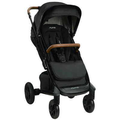 Nuna TAVO™ next stroller in caviar color features a sleek design, padded seat, and wooden handle. Adjustable canopy included.