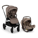 Nuna Triv Lx stroller in cedar color alongside Pipa Aire Rx infant car seat, showcasing a sleek design and safety features.