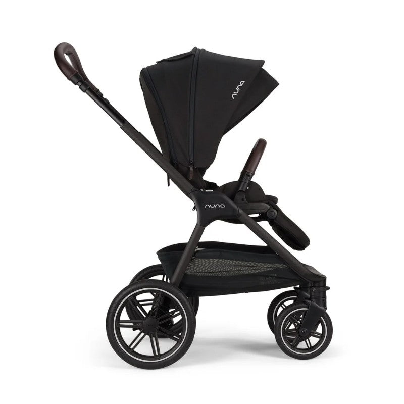 Nuna Triv Lx stroller in Caviar color, featuring a sleek design, adjustable canopy, and spacious storage basket.