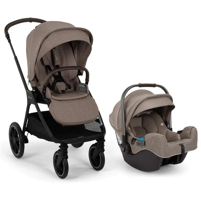 Nuna Triv Lx stroller in Cedar color alongside Pipa Rx infant car seat, both featuring a sleek design and soft fabric.