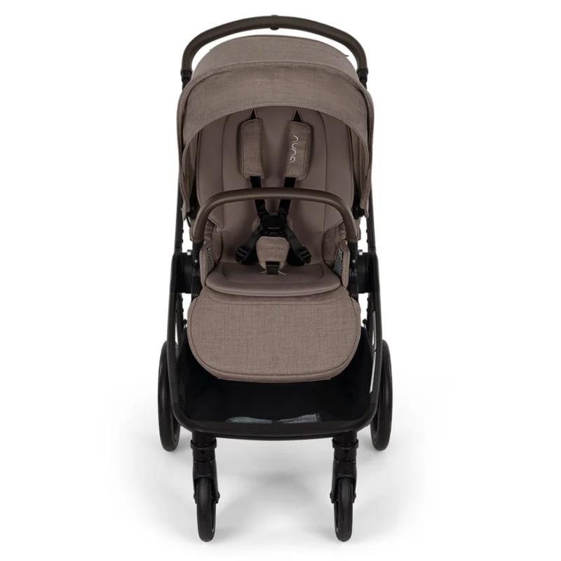 Nuna Triv Lx stroller in Cedar color. Features a compact design, harness system, and spacious bottom storage.