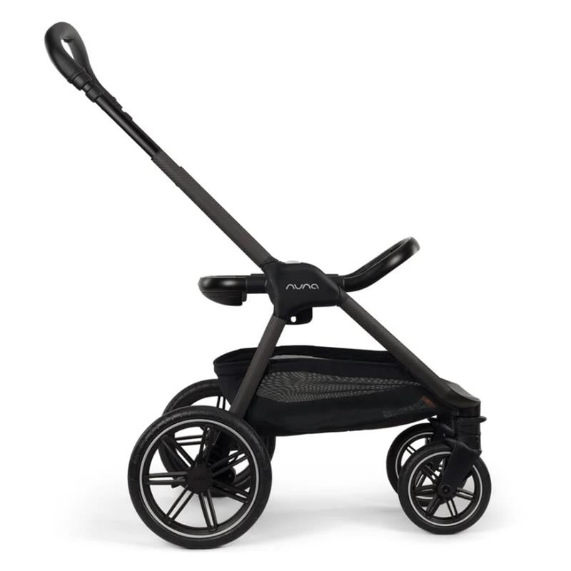 Nuna Triv Lx stroller in Cedar color, featuring a sleek design, large wheels, and a spacious storage basket.