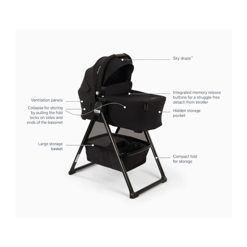 Nuna Triv LX Stroller with Triv Bassinet and Stand Bundle in Caviar, showcasing features like ventilation panels and a large storage basket.