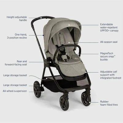 Nuna TRIV™ next stroller in Graphene color featuring a height-adjustable handle, MagneTech buckle, and large storage basket.
