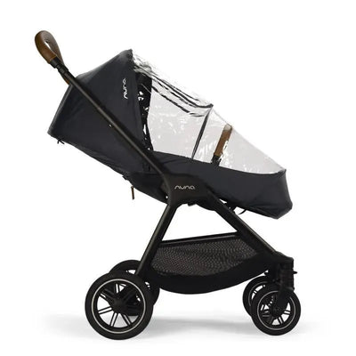 Nuna TRIV™ Series stroller with a clear rain cover attached, showcasing its sleek design and protective features.