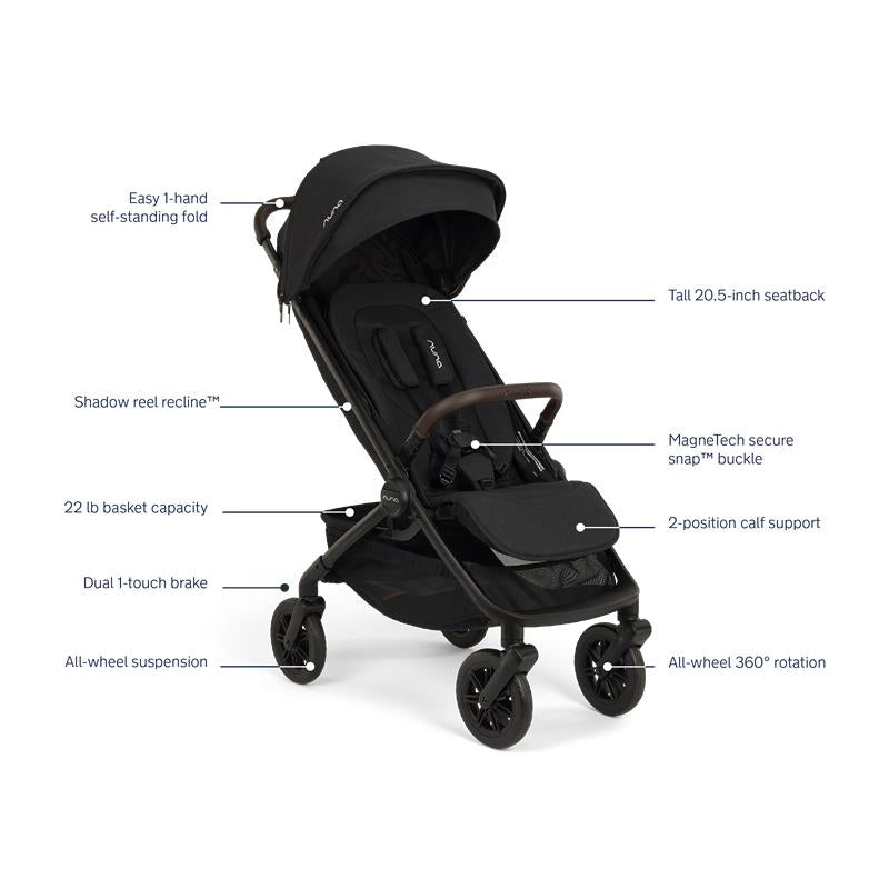 Nuna Trvl 360 Compact Stroller in Caviar, featuring a tall seatback, easy fold, all-wheel suspension, and 22 lb basket capacity.
