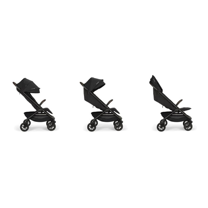 Nuna Trvl 360 Compact Stroller in Caviar, shown from three angles with a sleek black design and adjustable canopy.