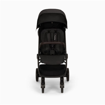 Nuna TRVL LX Compact Stroller in Caviar/Chocolate, featuring a sleek black design with a brown handlebar and spacious seat.