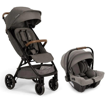 Nuna TRVL™ lx stroller in granite with brown handle and PIPA™ urbn infant car seat, both designed for travel convenience.