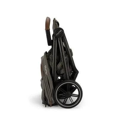 Nuna TRVL™ lx Stroller in Granite color, folded, showcasing its compact design and sleek features.