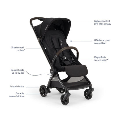 Nuna VIAA™ cabn Ultra-Compact Stroller in Caviar, featuring a UPF 50+ canopy, 1-touch brake, and durable tires.