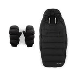 Nuna Winter Stroller Set in Caviar, featuring a black padded footmuff and matching mittens for warmth in cold weather.