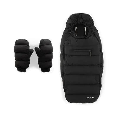 Nuna Winter Stroller Set in Caviar, featuring a black padded footmuff and matching mittens for warmth in cold weather.