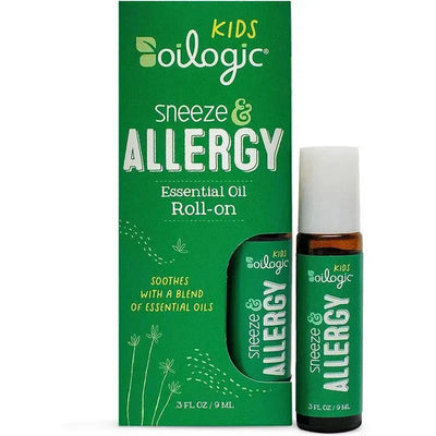 Oilogic Baby Sneeze & Allergy Essential Oil Roll-On, 3 FL OZ, in green packaging with soothing text and nature motifs.