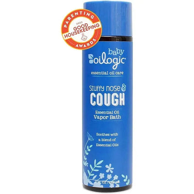 Oilogic Baby Stuffy Nose & Cough Vapor Bath Relief bottle, featuring essential oils for soothing respiratory symptoms.
