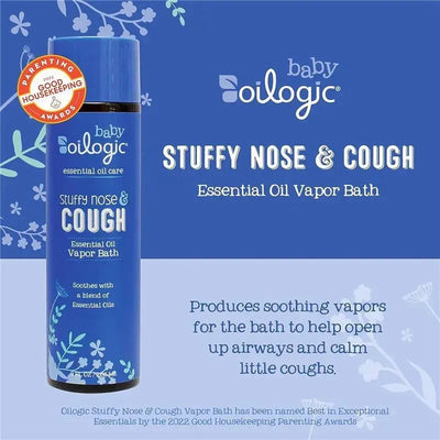 Oilogic Baby Stuffy Nose & Cough Vapor Bath, featuring soothing essential oils, helps relieve coughs and open airways.