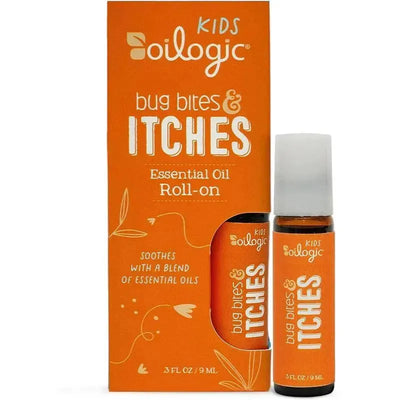 Oilogic Kids Bug Bites & Itches essential oil roll-on in a bright orange container, designed to soothe discomfort.