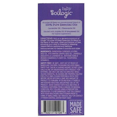 Oilogic Slumber & Sleep Essential Oil Roll-On, featuring lavender and chamomile oils, in a purple packaging with usage directions.