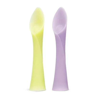 100% silicone training spoons for baby led weaning, one yellow and one lilac, soft-tip design.