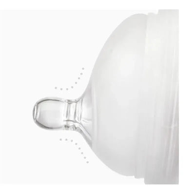 Transparent nipple for bottles, designed for thicker liquids, showing cut tip and soft texture, part of a 2-pack.