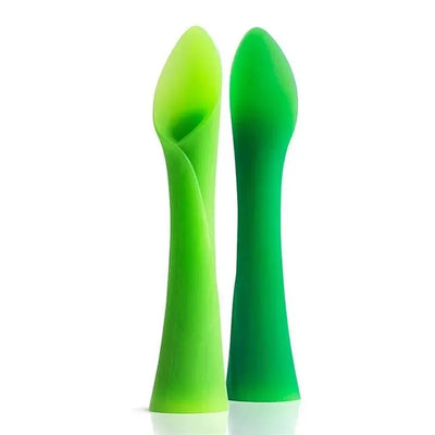 Bendable baby training spoon teethers in two shades of green, designed for easy grip and teething relief.