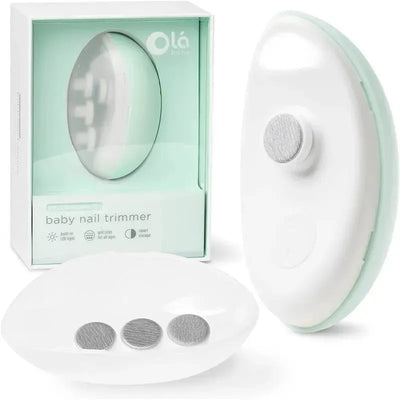 Rechargeable electric baby nail trimmer in a white and mint packaging, features user-friendly design and storage.