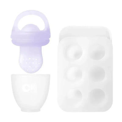 Silicone fruit feeder in lilac, white cup, and popsicle mold with six cavities for solid food introduction.