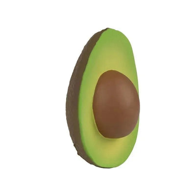 Chewable toy shaped like an avocado, featuring bright green skin and a brown pit, designed for infants.