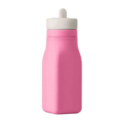 Leak-proof silicone water bottle in pink with a white cap, designed for easy hydration on-the-go.