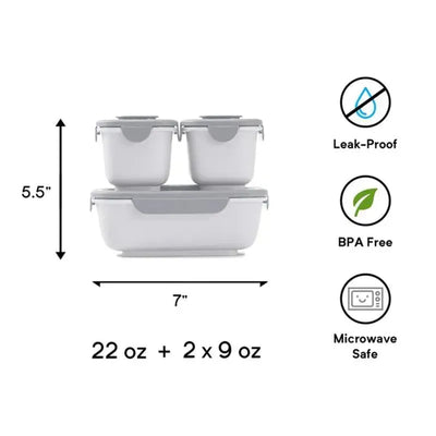 Omie Box OmieGo Containers Bundle in stone color, featuring one 22 oz container and two 9 oz containers. BPA free, leak-proof, microwave safe.