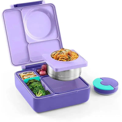 Insulated purple bento box open, featuring a leak-proof thermos with pasta, compartments for broccoli and grapes.