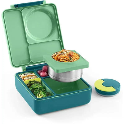 Insulated OmieBox Bento Box in Meadow color, featuring compartments for food and a leak-proof thermos with pasta.