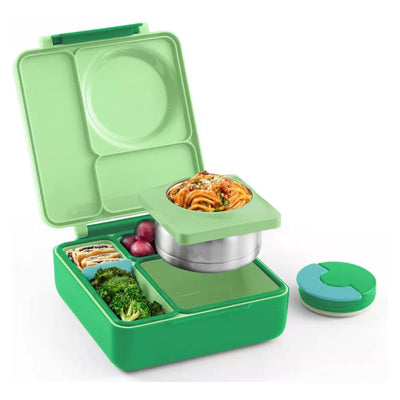 Insulated green apple bento lunch box with leakproof compartments, featuring pasta, broccoli, and snacks.