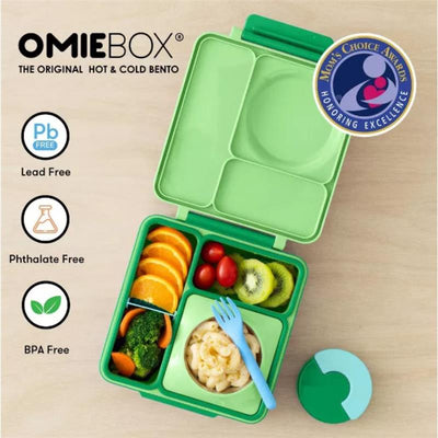 Insulated green apple bento lunch box with compartments for fruits, vegetables, and pasta, featuring a blue fork and lid.