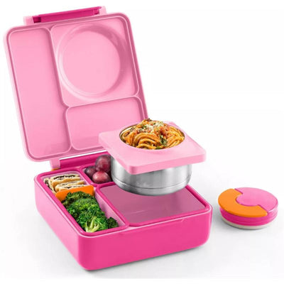 Insulated pink bento lunch box with compartments; features a metallic container for pasta, broccoli, fruits, and snacks.