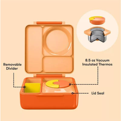 Insulated bento lunch box in poppy orange with removable divider, sections for food, and an 8.5 oz vacuum insulated thermos.