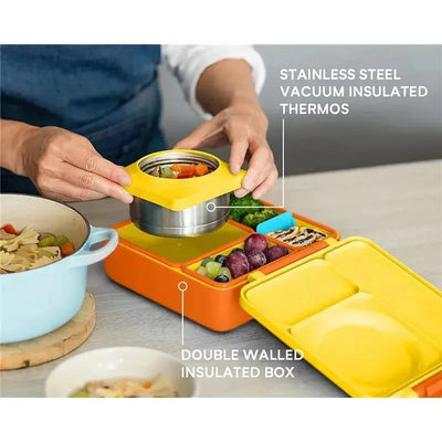 Insulated bento box and thermos being assembled; features leak-proof design, stainless steel thermos, colorful compartments with food.