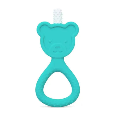 Light blue baby teether shaped like a bear, featuring textured surfaces for tactile stimulation.