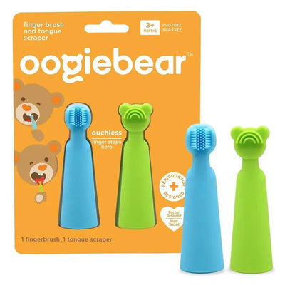 Oogiebear finger brush and tongue scraper set featuring a blue finger brush and a green tongue scraper on a vibrant orange packaging.
