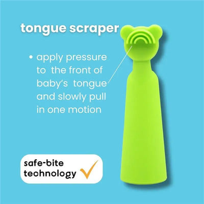Bright green tongue scraper designed for babies, featuring a bear-shaped handle and instructions for use.